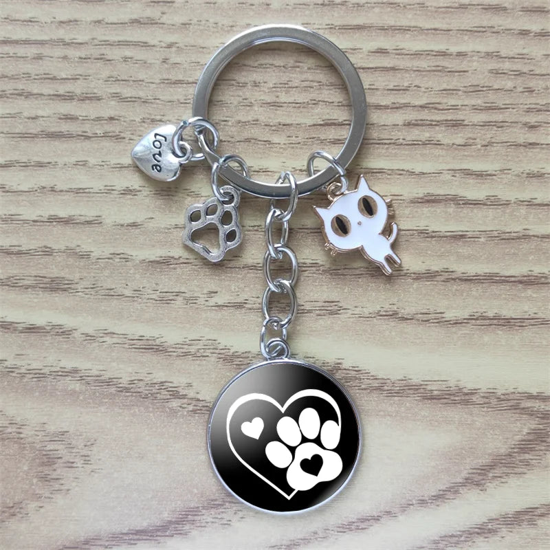 Classic Keychain Time Gem Custom Cute Animal Pet Paw Print I Love Cat Car Key Ring Men Ladies Fashion Alloy Memorial Gift