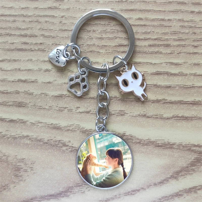 Classic Keychain Time Gem Custom Cute Animal Pet Paw Print I Love Cat Car Key Ring Men Ladies Fashion Alloy Memorial Gift