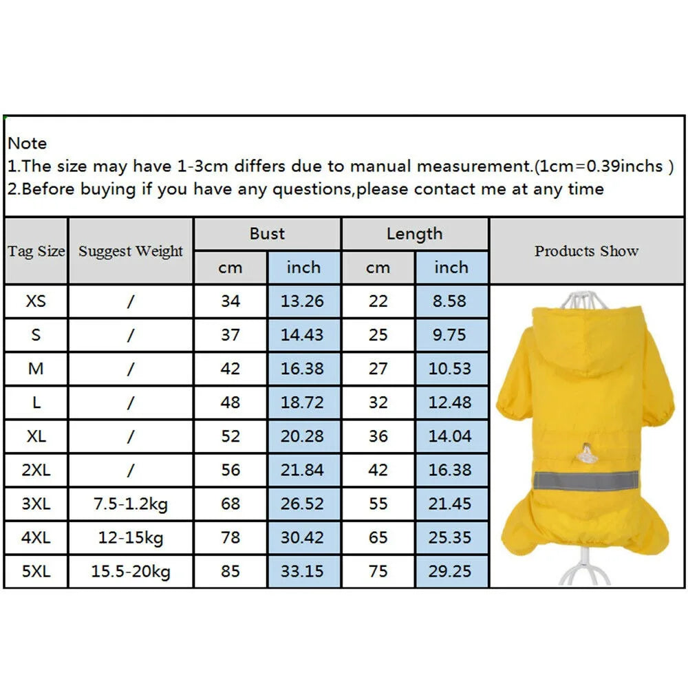 Pet Dog Rain Coat Puppy Clothes Cat Raincoat Waterproof Jacket Outdoor Hooded Jumpsuit Rainwear Hood Apparel Jumpsuit Supplies